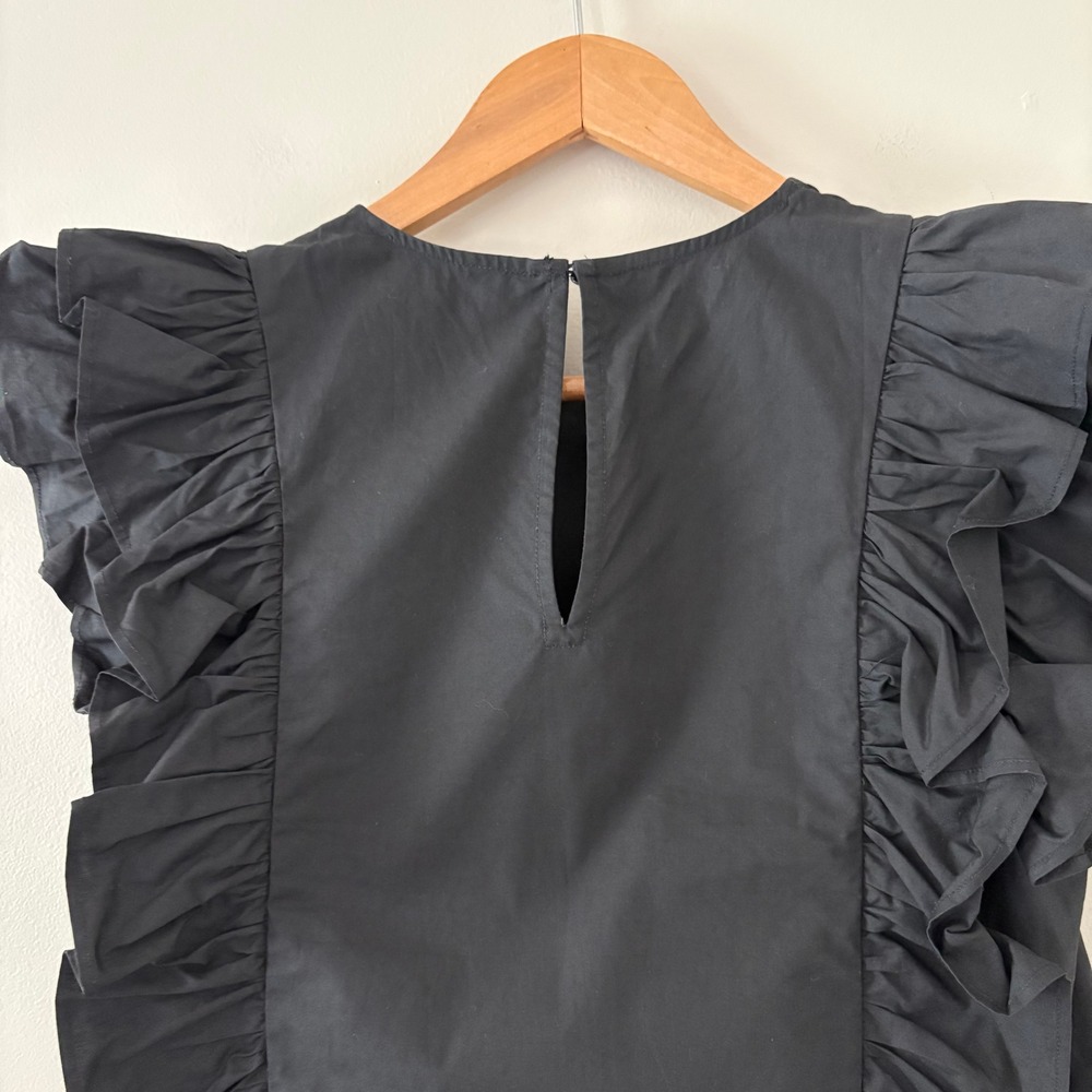 English Factory Betty Poplin Blouse S Black Ruffle Flutter Sleeve Cotton Boxy - Picture 3 of 8